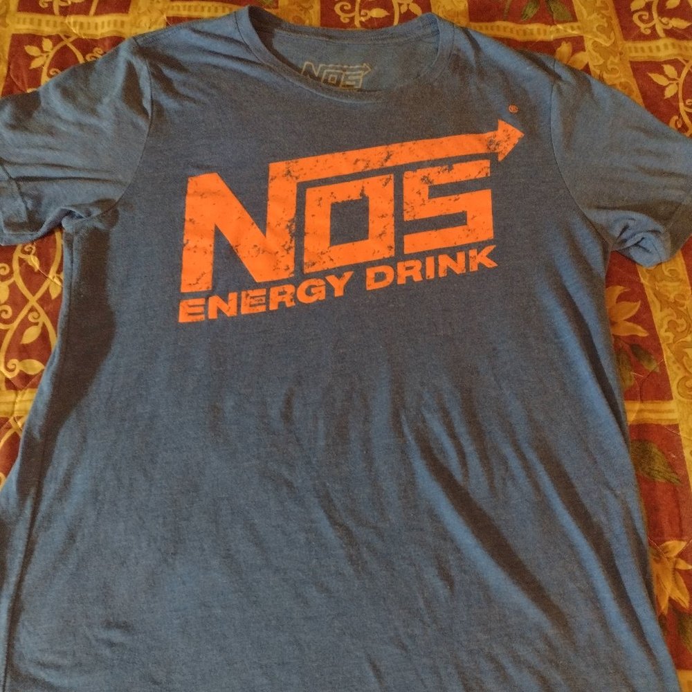 1. NOS Energy Drink T-Shirt.  Male:  Color: Blue and Orange  Size: Medium